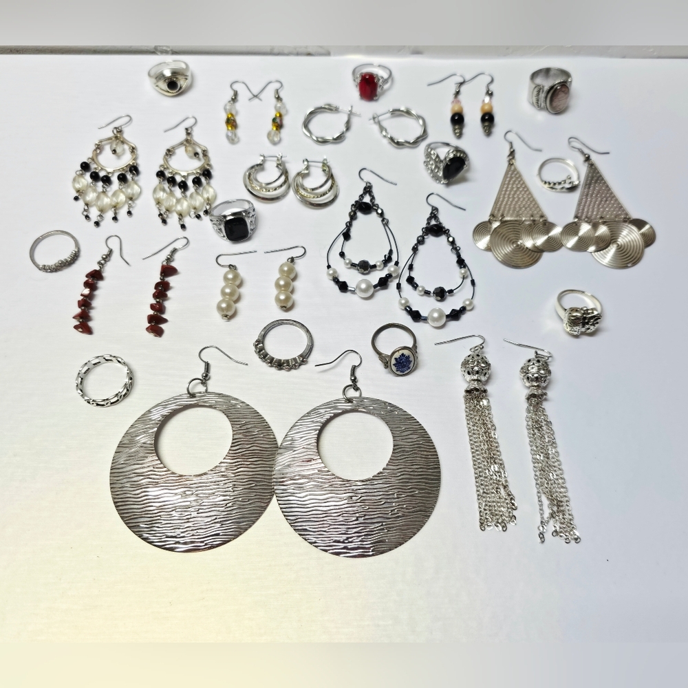 Silver Tone Ring & Earring Lot - 22 Pieces